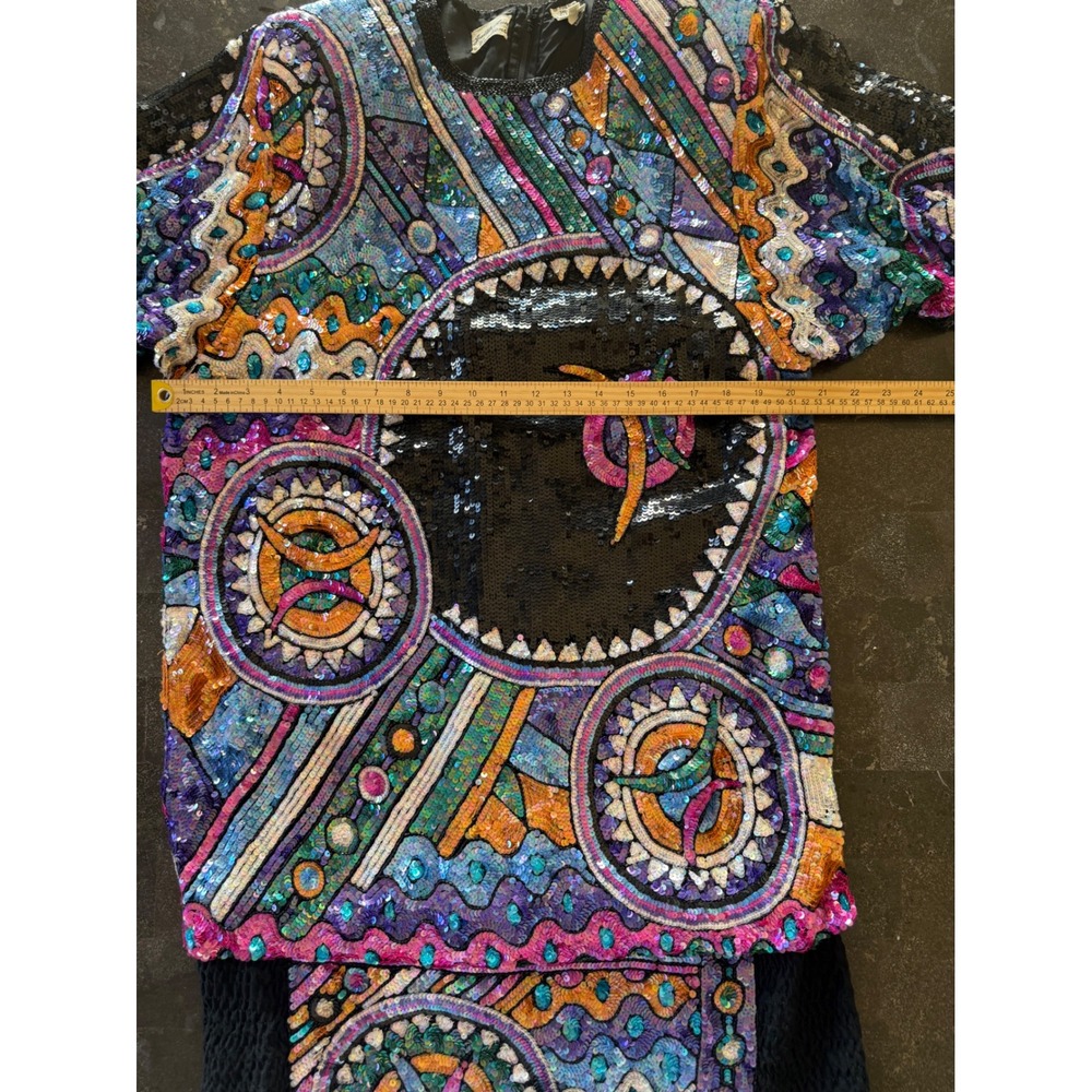 Judith Ann Creations Vintage Sequin Wearable Art Deco Mini Statement Dress Silk - Picture 12 of 16